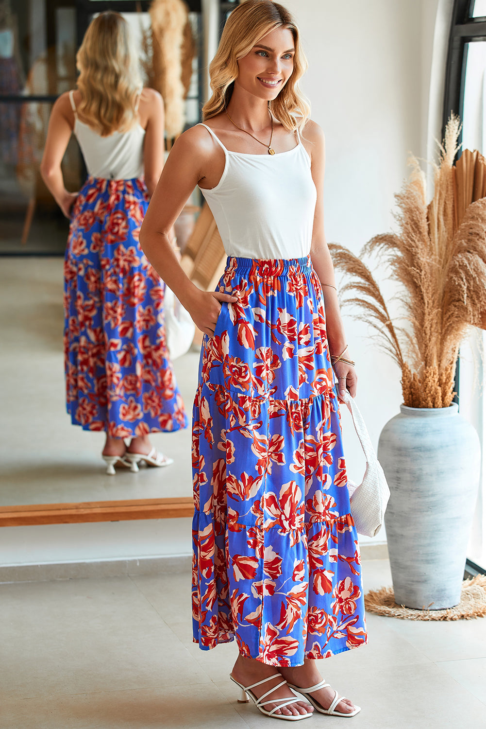 Orange Bohemian Floral Print Tiered Maxi Skirt with Split