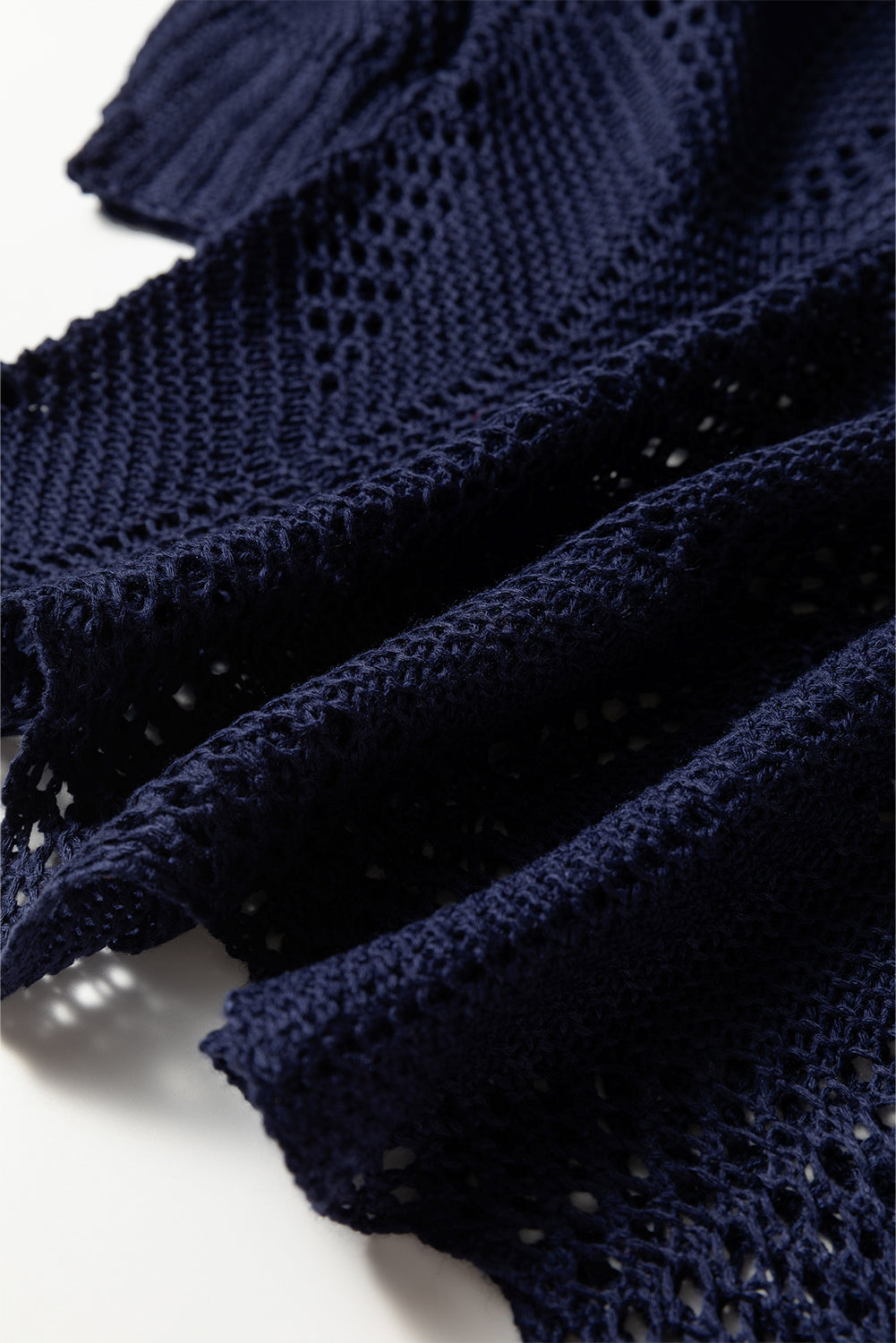 Navy Blue Hollow Out Knit 7/8 Sleeve Casual Sweater