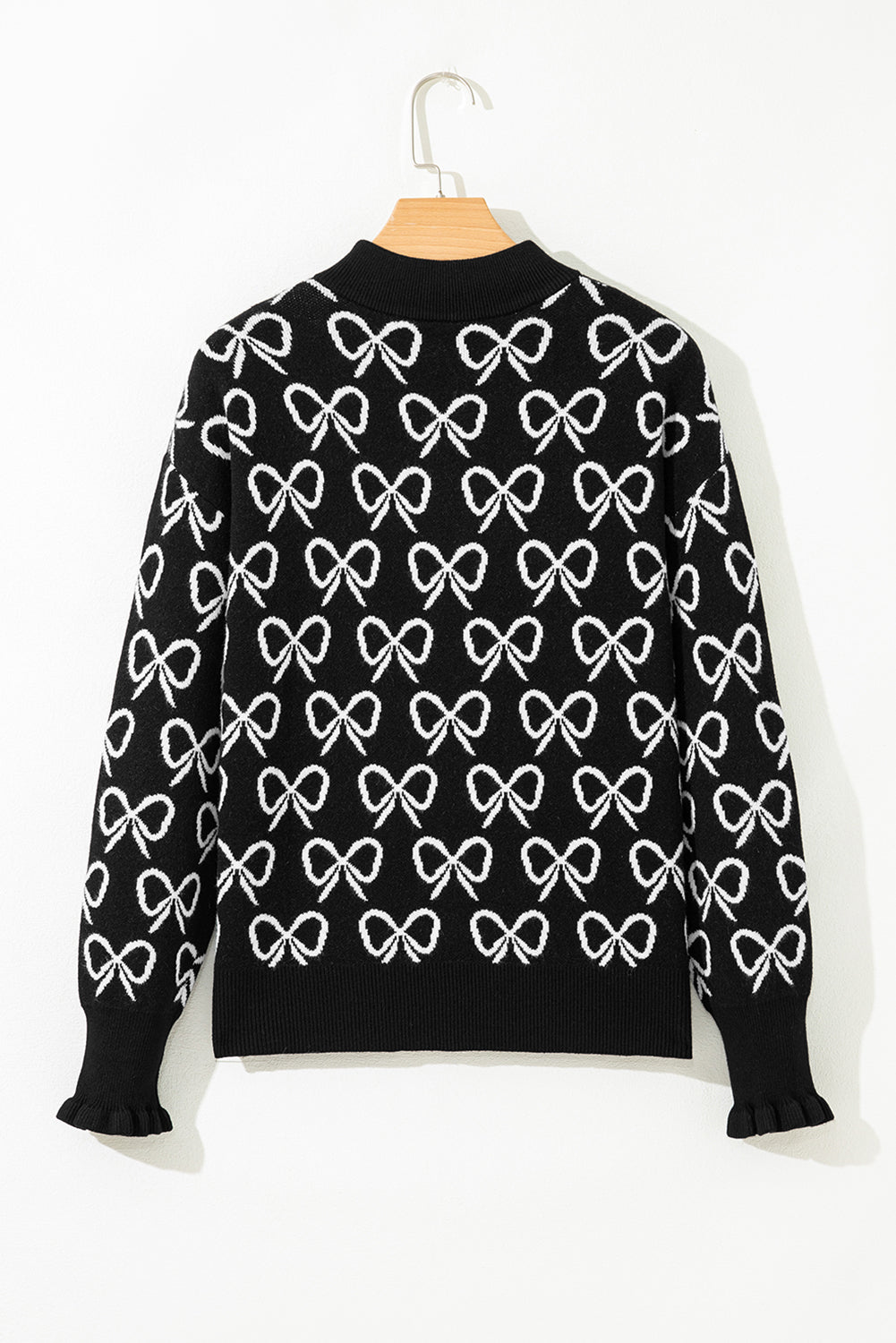 Black Cute Bow Pattern Drop Shoulder Zipped Collar Sweater