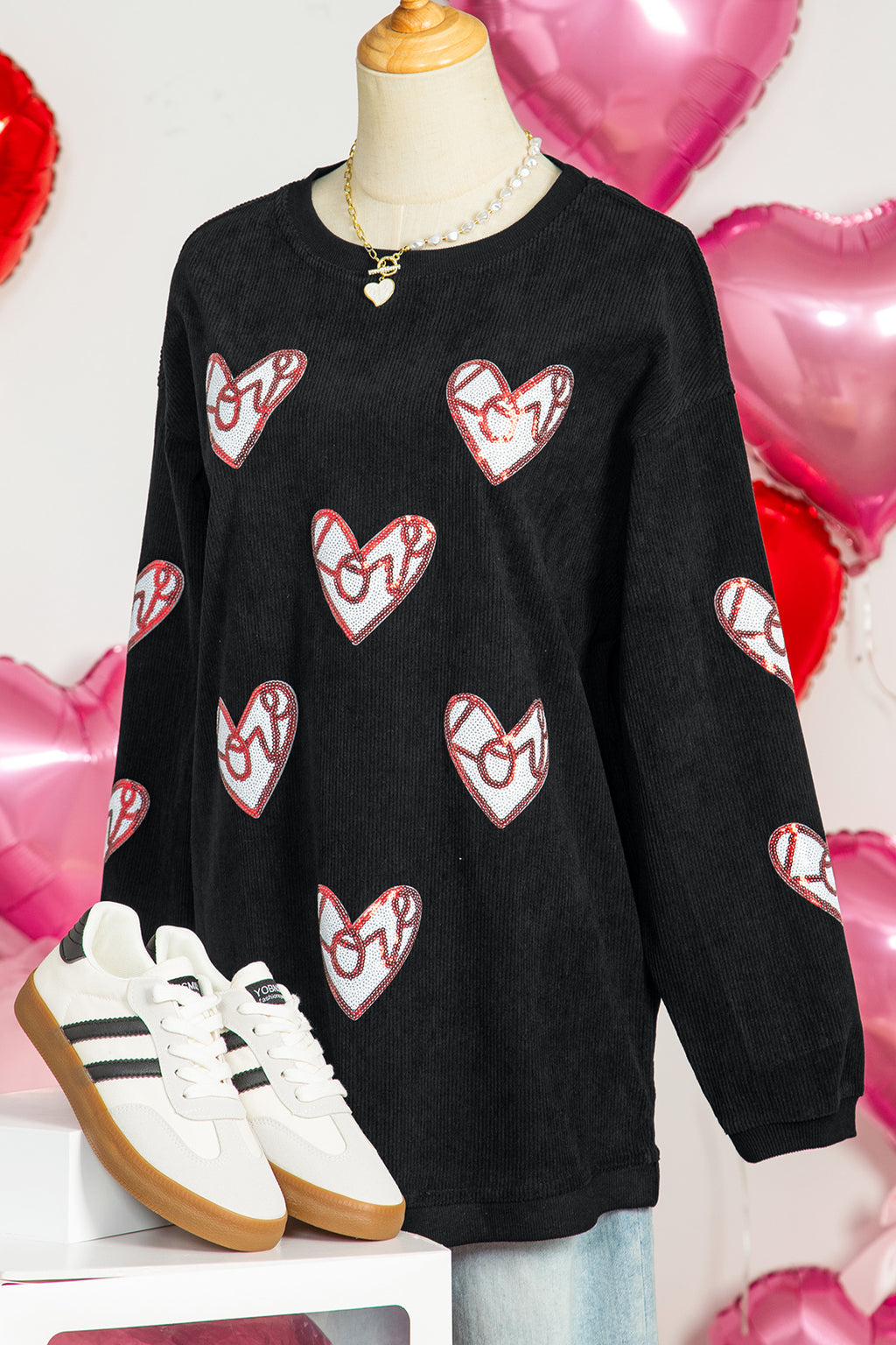 Black Corded Ribbed Love Heart Sequin Patched Graphic Sweatshirt