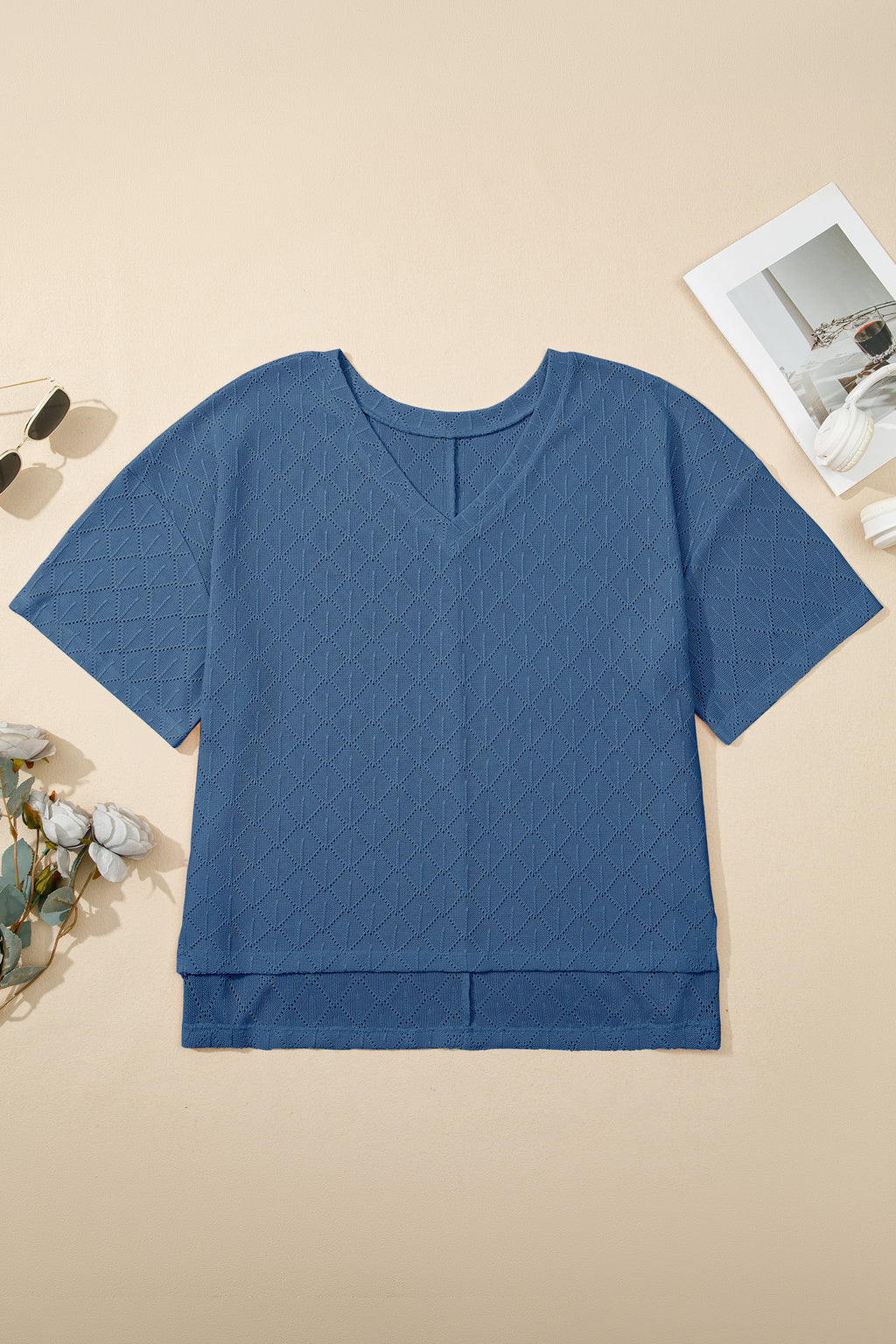 White Pointelle Rhombus Knit Plus Size V Neck Loose Top