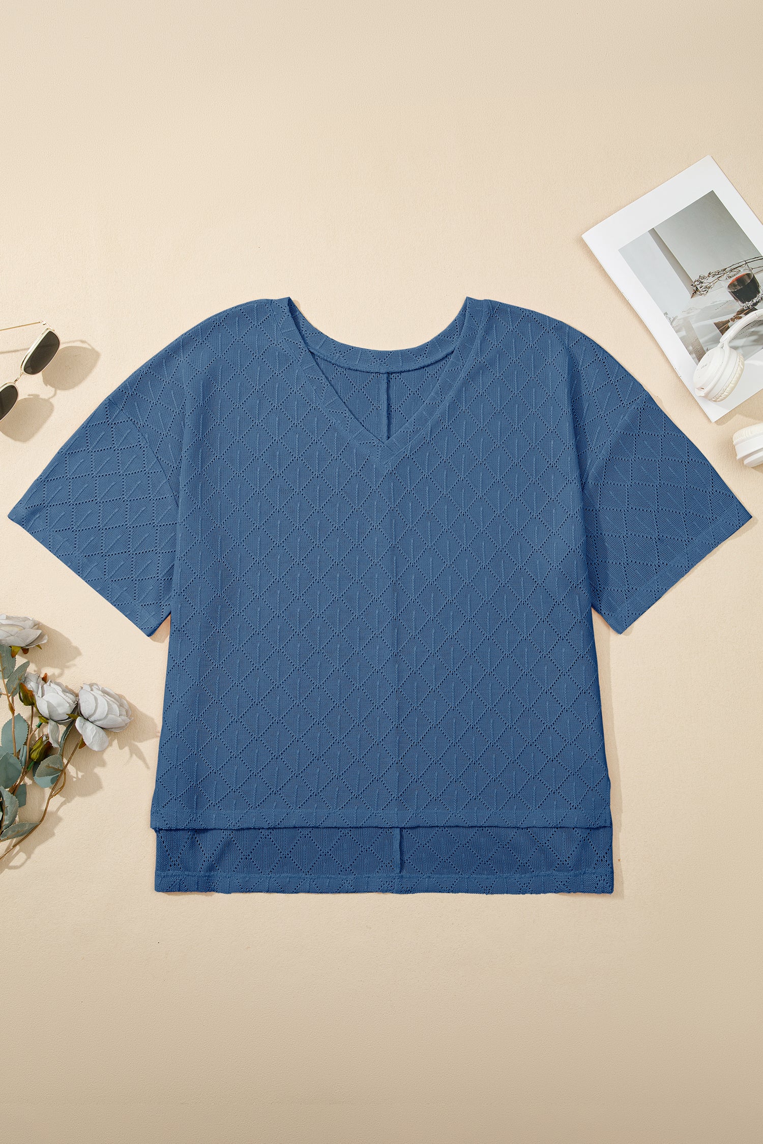 White Pointelle Rhombus Knit Plus Size V Neck Loose Top