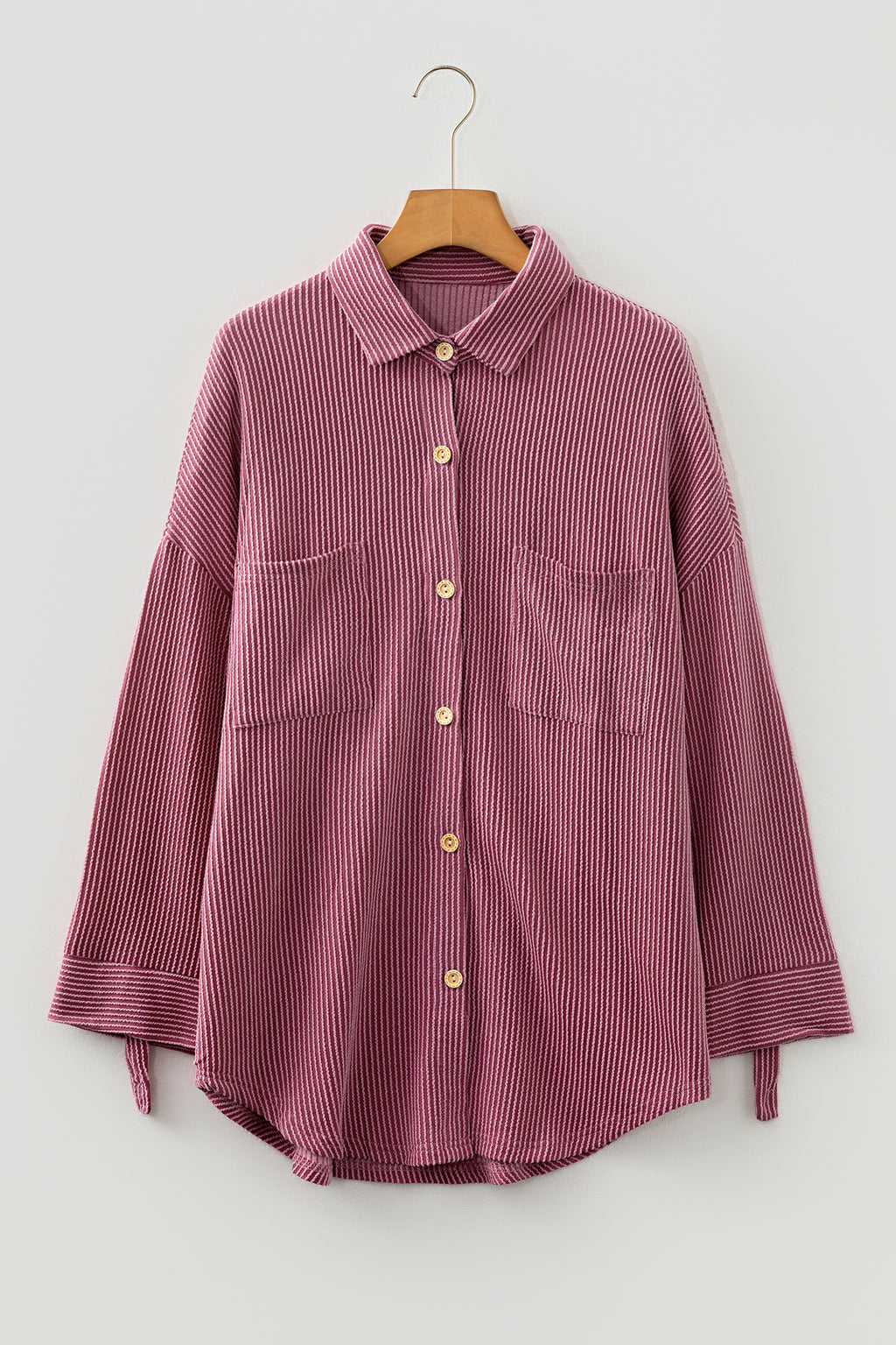 Fiery Red Pink Roll Tab Sleeve Ribbed Cording Shacket