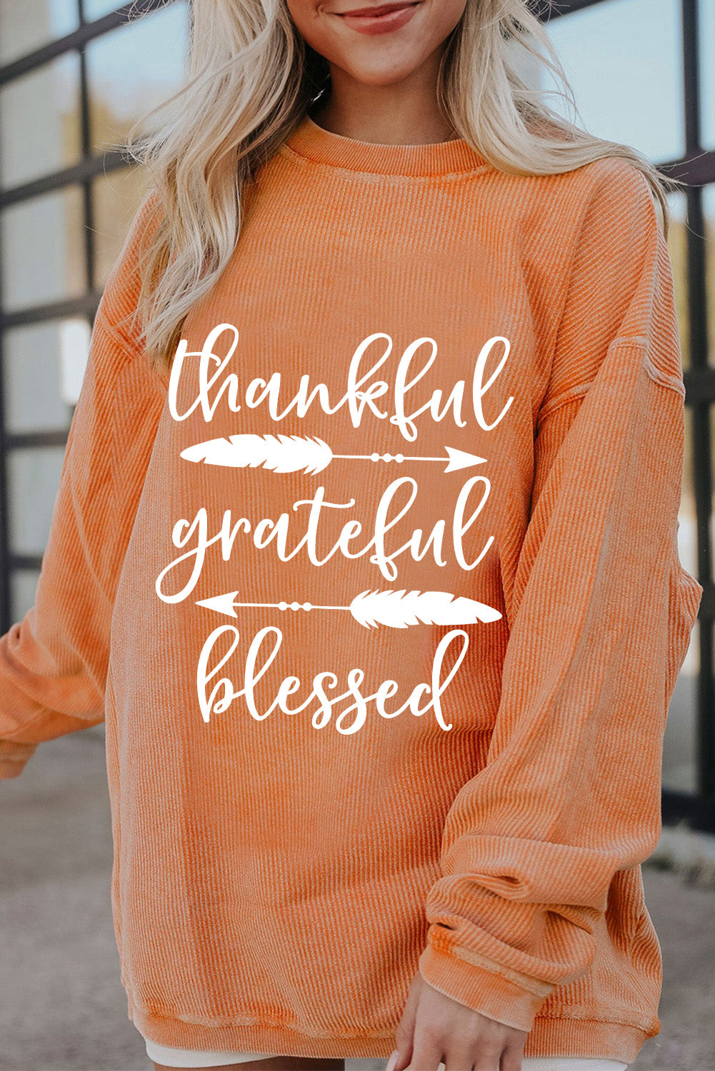 Orange Thankful Ribbed Crew Neck Thanksgiving Sweatshirt