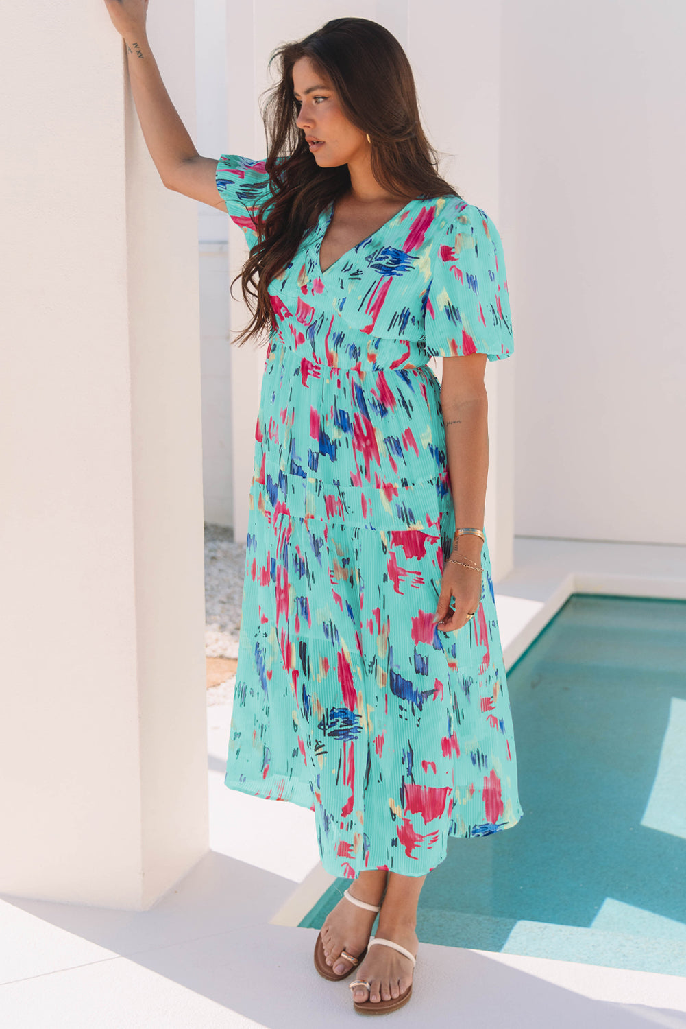 Rose Abstract Print Short Puff Sleeve Tiered Maxi Dress