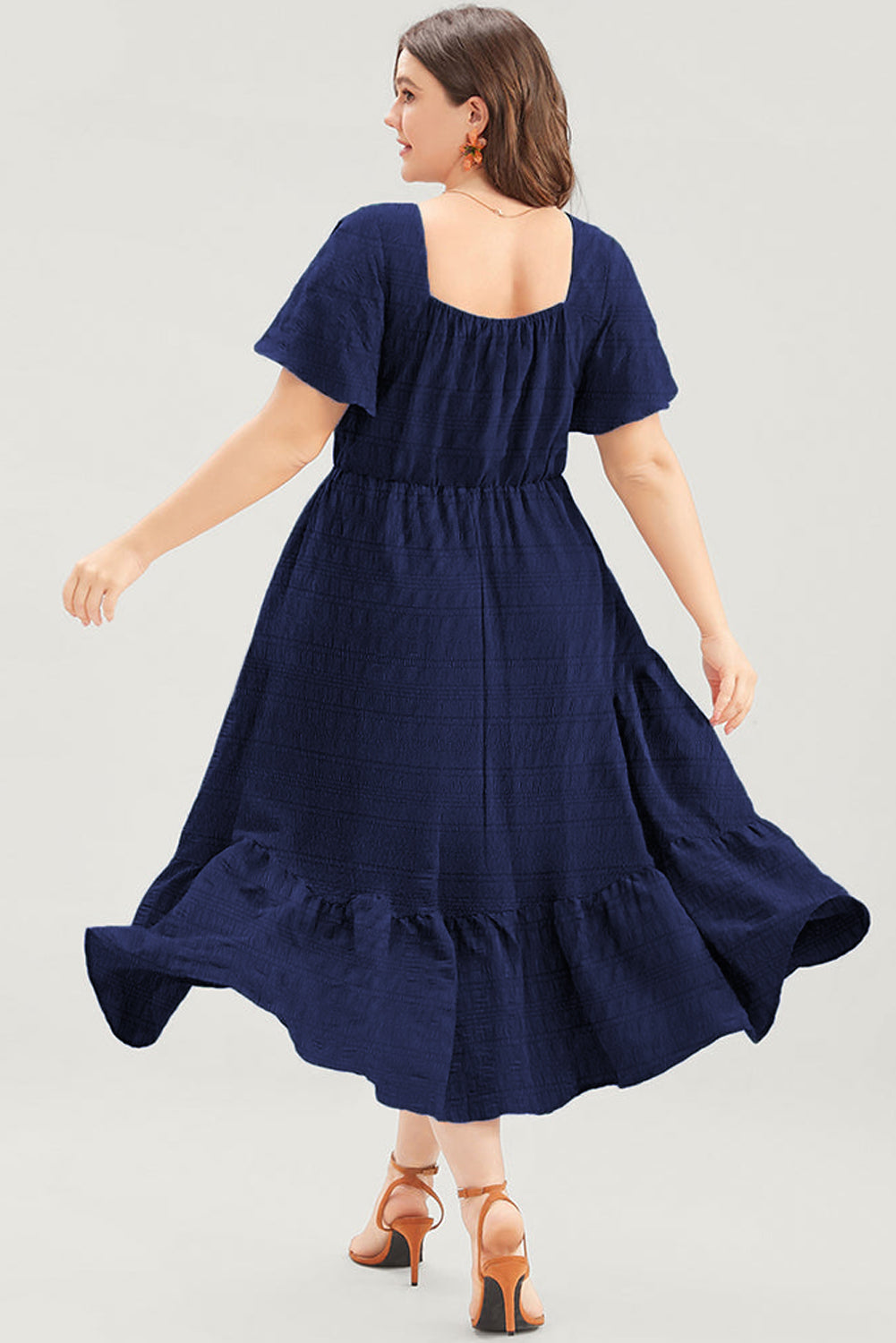 Red Plus Size Short Sleeve Lace-up High Waist Midi Dress