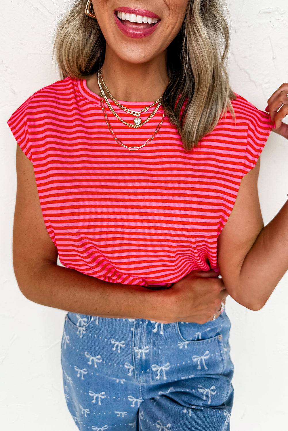 Sky Blue Stripe Ribbed Cap Sleeve Round Neck T Shirt