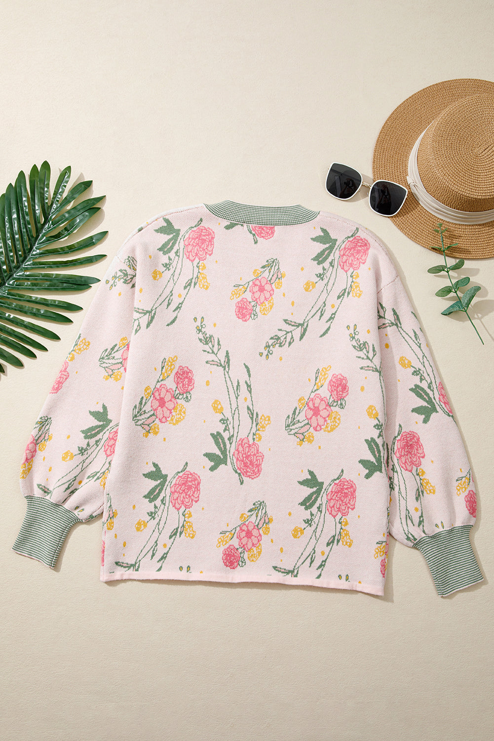 Pink Floral Pattern Striped V Neck Loose Sweater