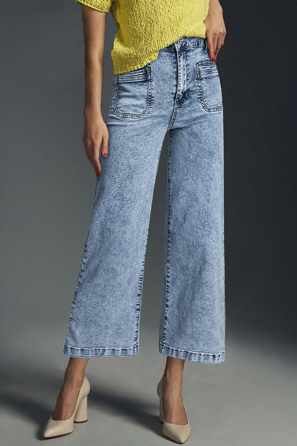 Light Blue Chic Patch Pocket Straight Leg Loose Jeans