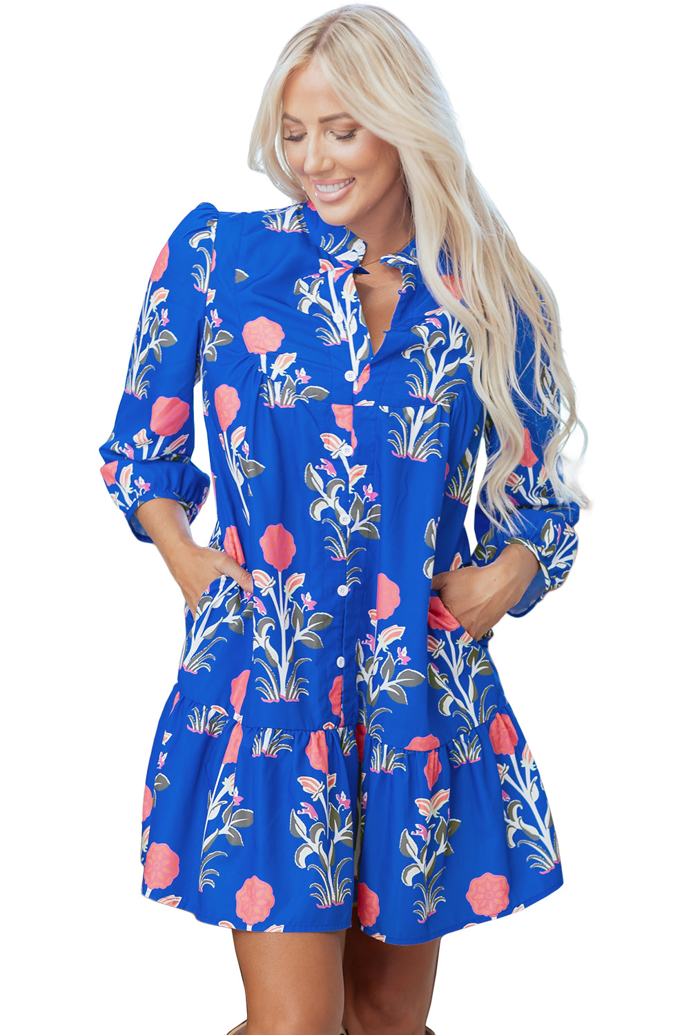 White Floral Puff Short Sleeve V Neck High Waist Maxi Dress