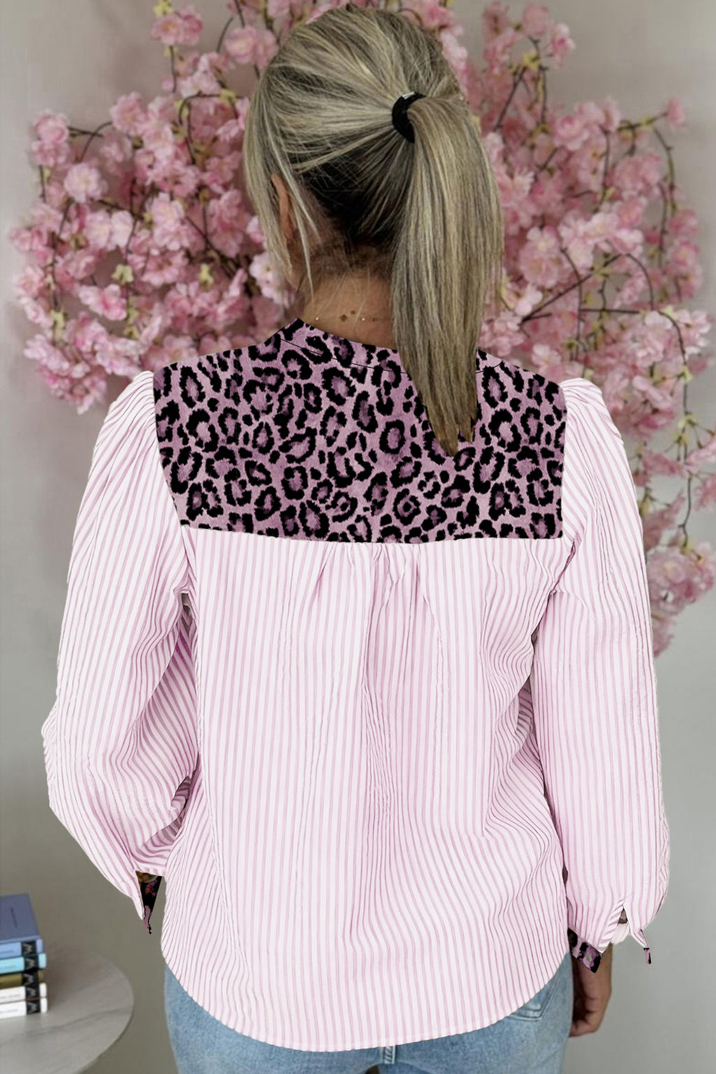 Brown Stripe Leopard Patchwork Long Sleeve Shirt