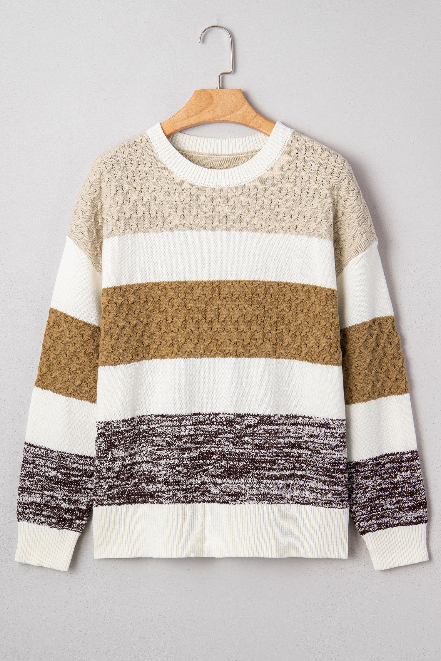 Green Mixed Texture Knit Striped Color Block Loose Sweater