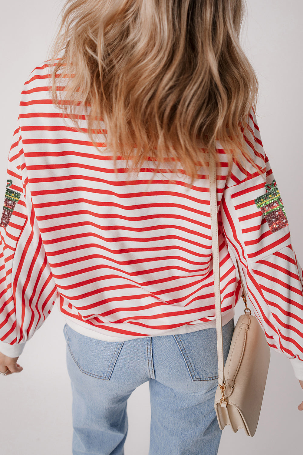 Orange Stripe Sequin Christmas Gift Patched Drop Shoulder Sweatshirt