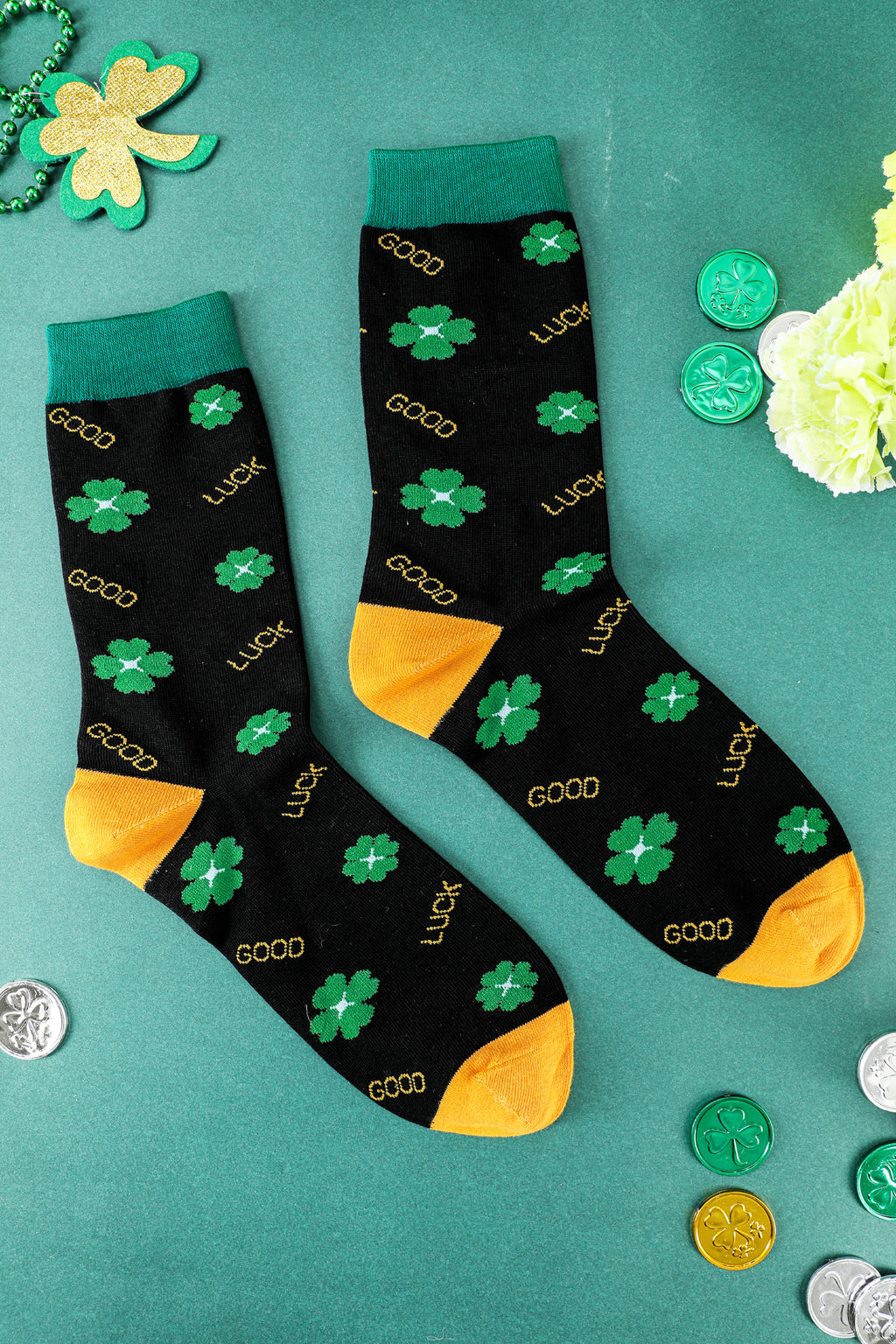 Dark Green GOOD LUCK St Patrick Clover Color Block Socks?