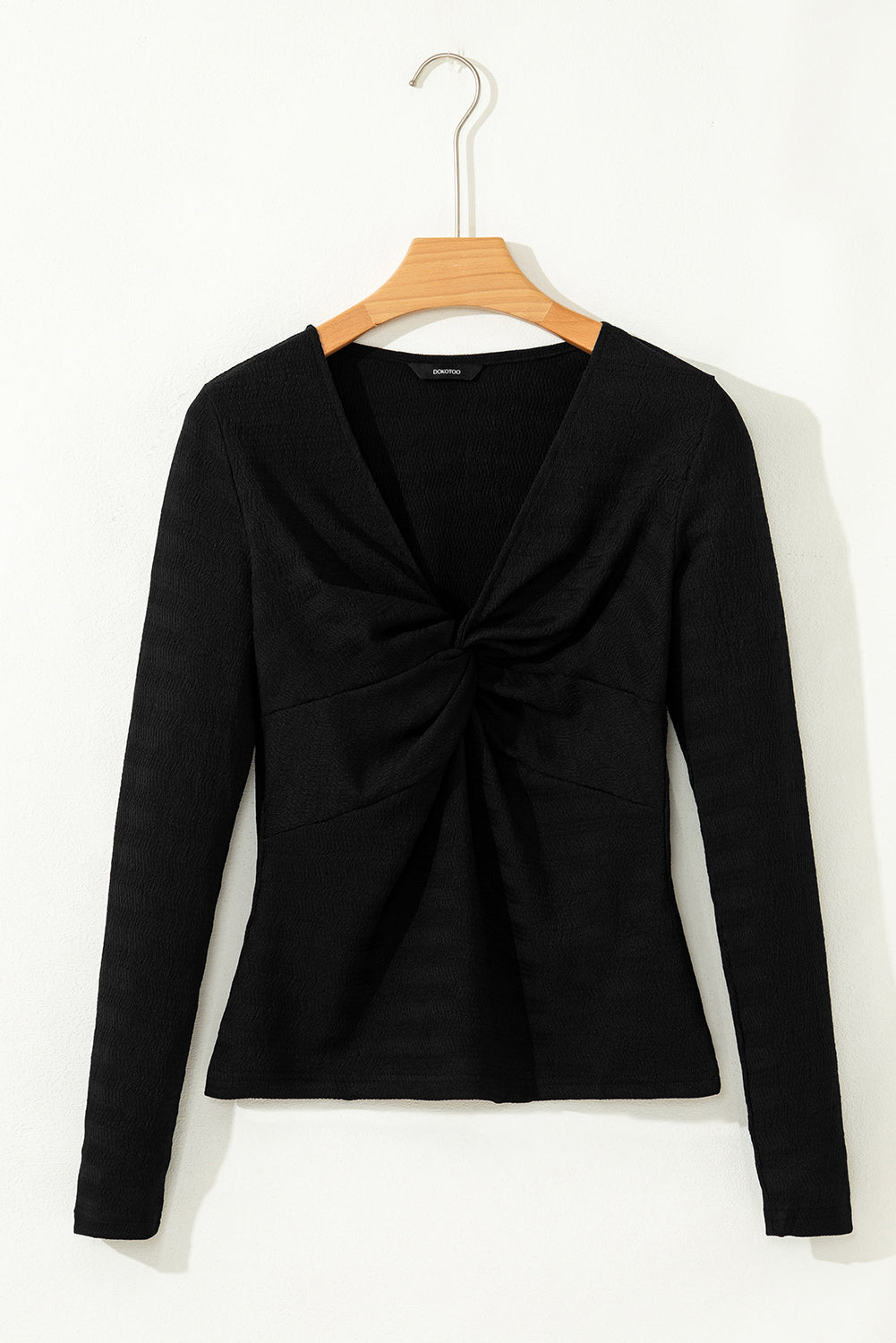 Moonlight Jade Textured Twist Front V Neck Long Sleeve Slim Solid Color Top