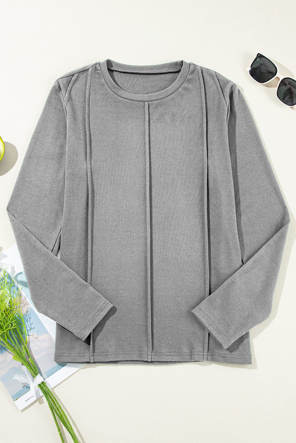 Chicory Coffee Solid Exposed Seam Crew Neck Long Sleeve Top