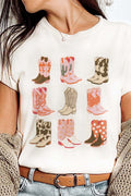 White Western Cowboy Boots Print Round Neck T Shirt