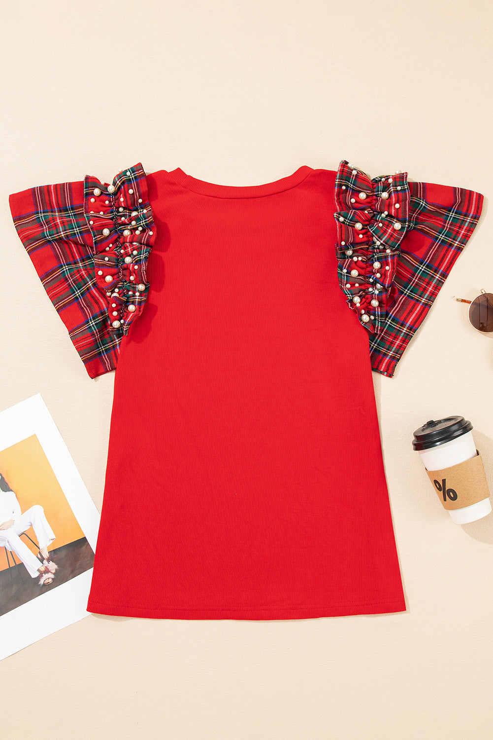 Red Festive Plaid Pearl Embellished Ruffle Short Sleeve Blouse