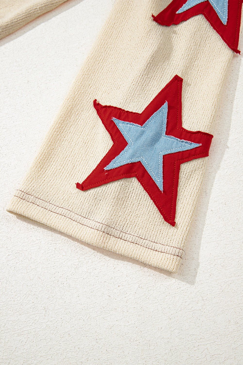 Beige USA Star Contrast Patchwork Exposed Seam Long Sleeve Top