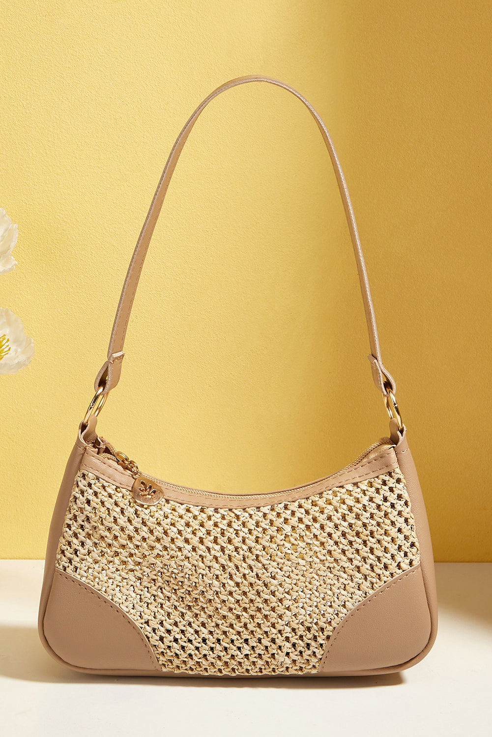 Khaki Straw Woven PU Leather Patchwork Shoulder Bag