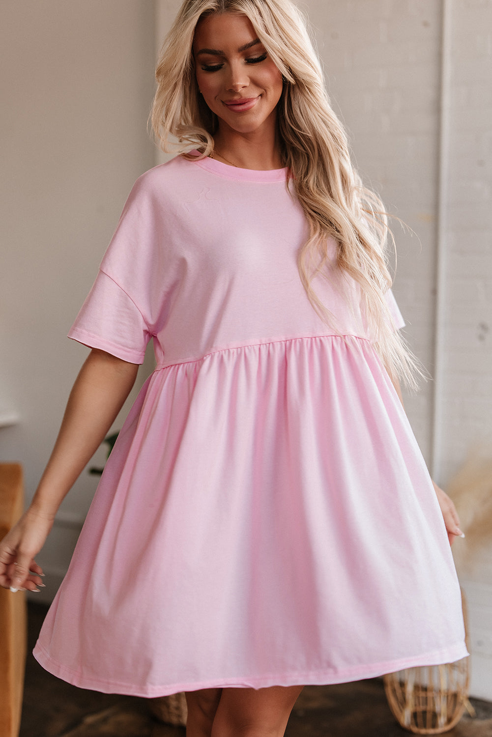 Sky Blue Solid Color Pocketed Raw Edge Babydoll Dress