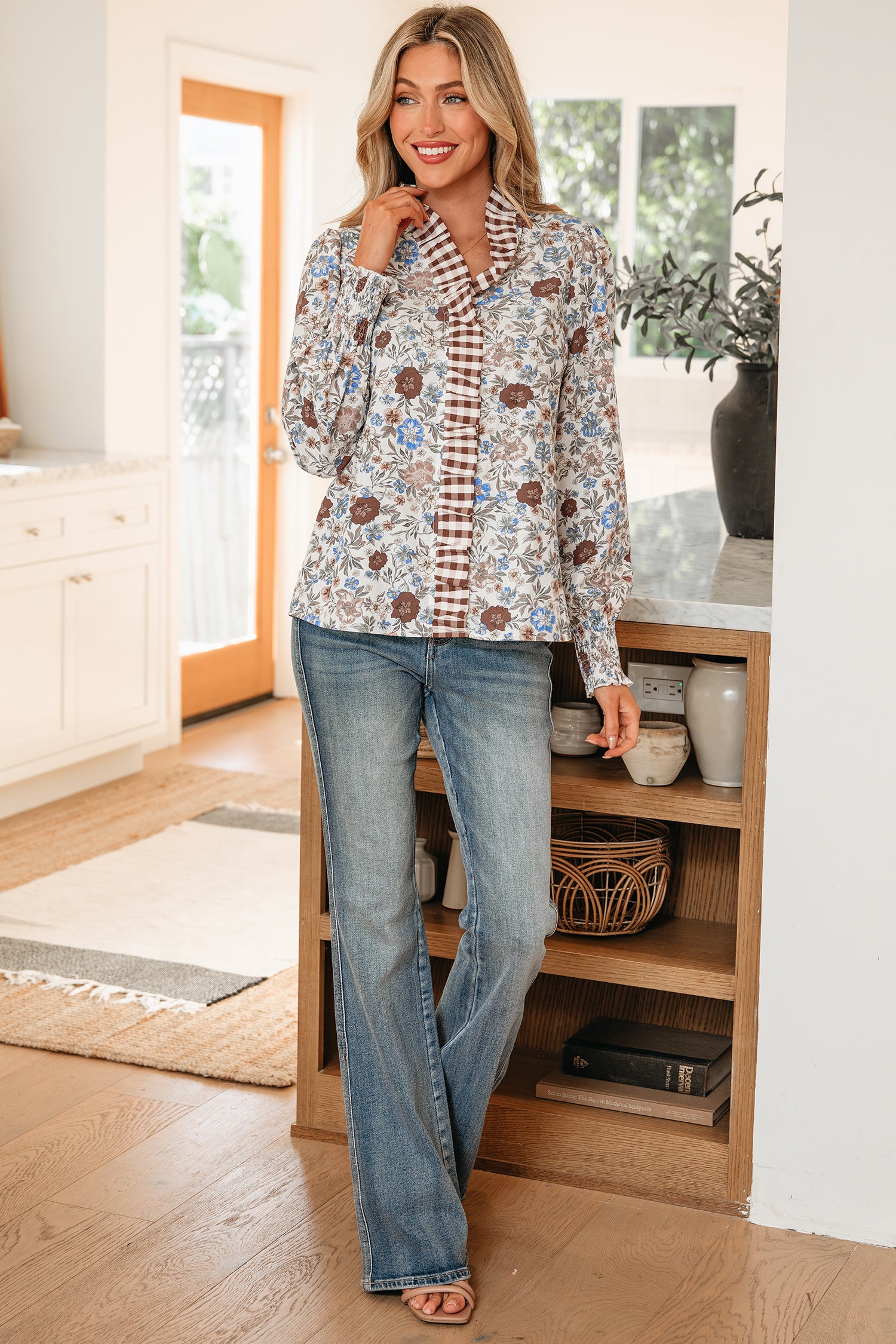 Brown Plaid Frilled Trim V Neck Floral Long Sleeve Blouse