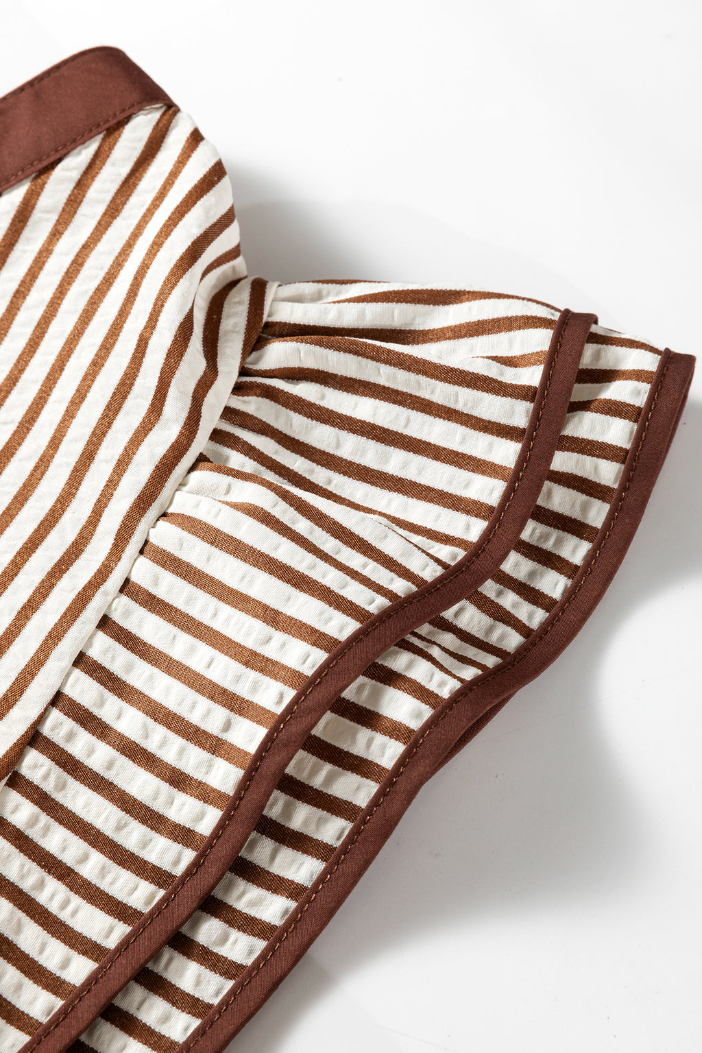Brown Stripe Double Ruffled Short Sleeve Contrast Trim V Neck Midi Dress