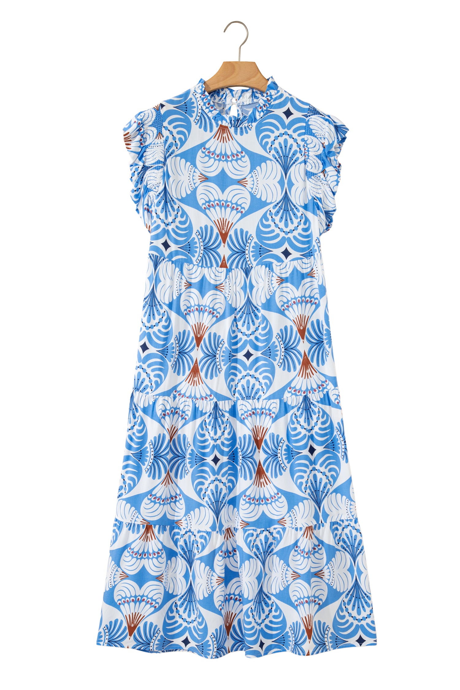 Sky Blue Tropical Botanic Print Flutter Sleeve Vacation Long Dress