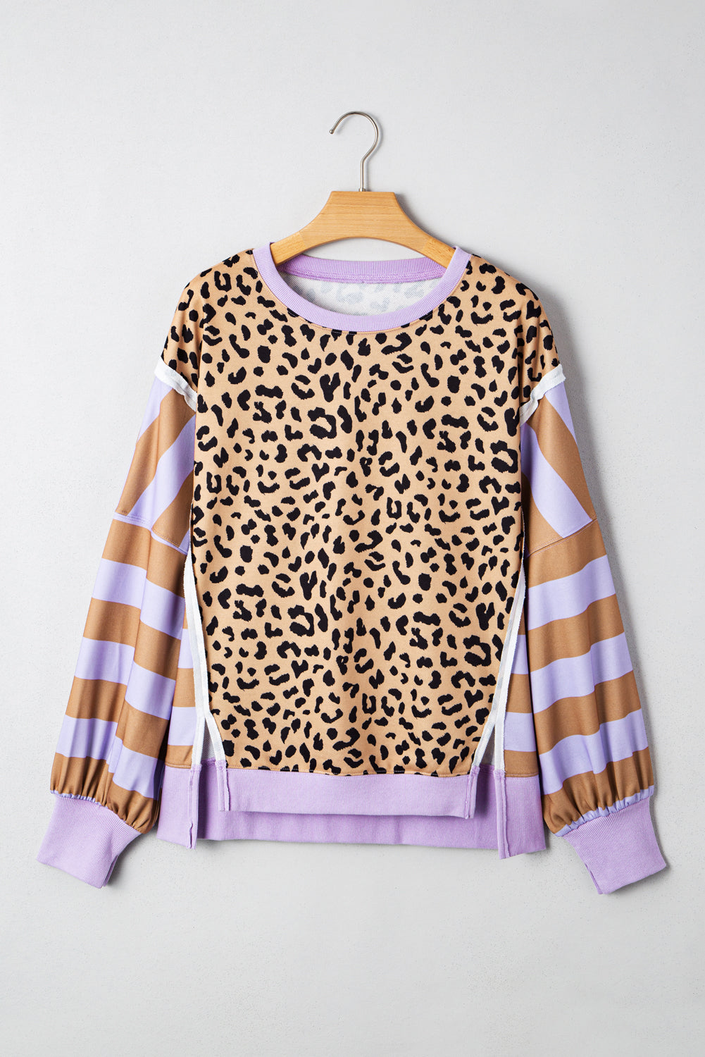 Khaki Leopard Striped Patchwork Plus Size Loose Sweatshirt