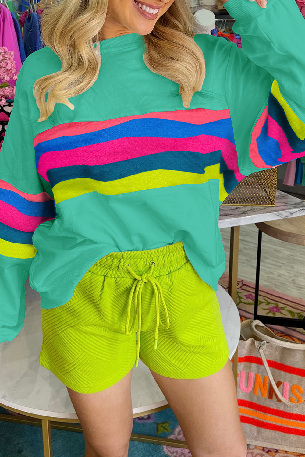 White Plus Size Colorful Striped Drop Shoulder Loose Sweatshirt