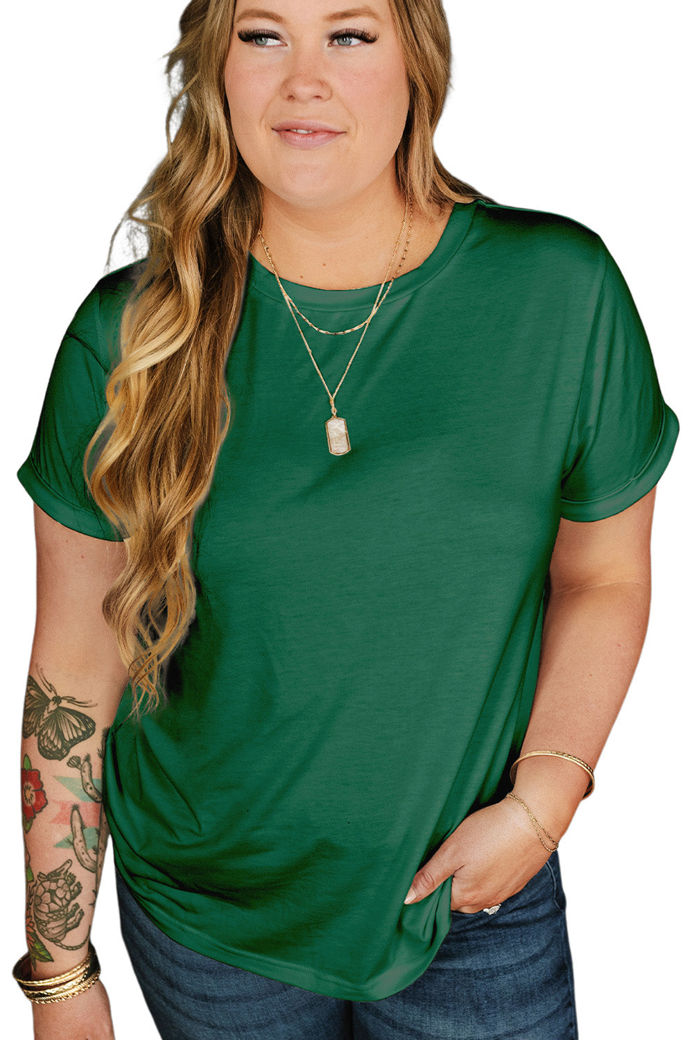 Iceland Blue Round Neck Rolled Sleeve Plus Size T-shirt