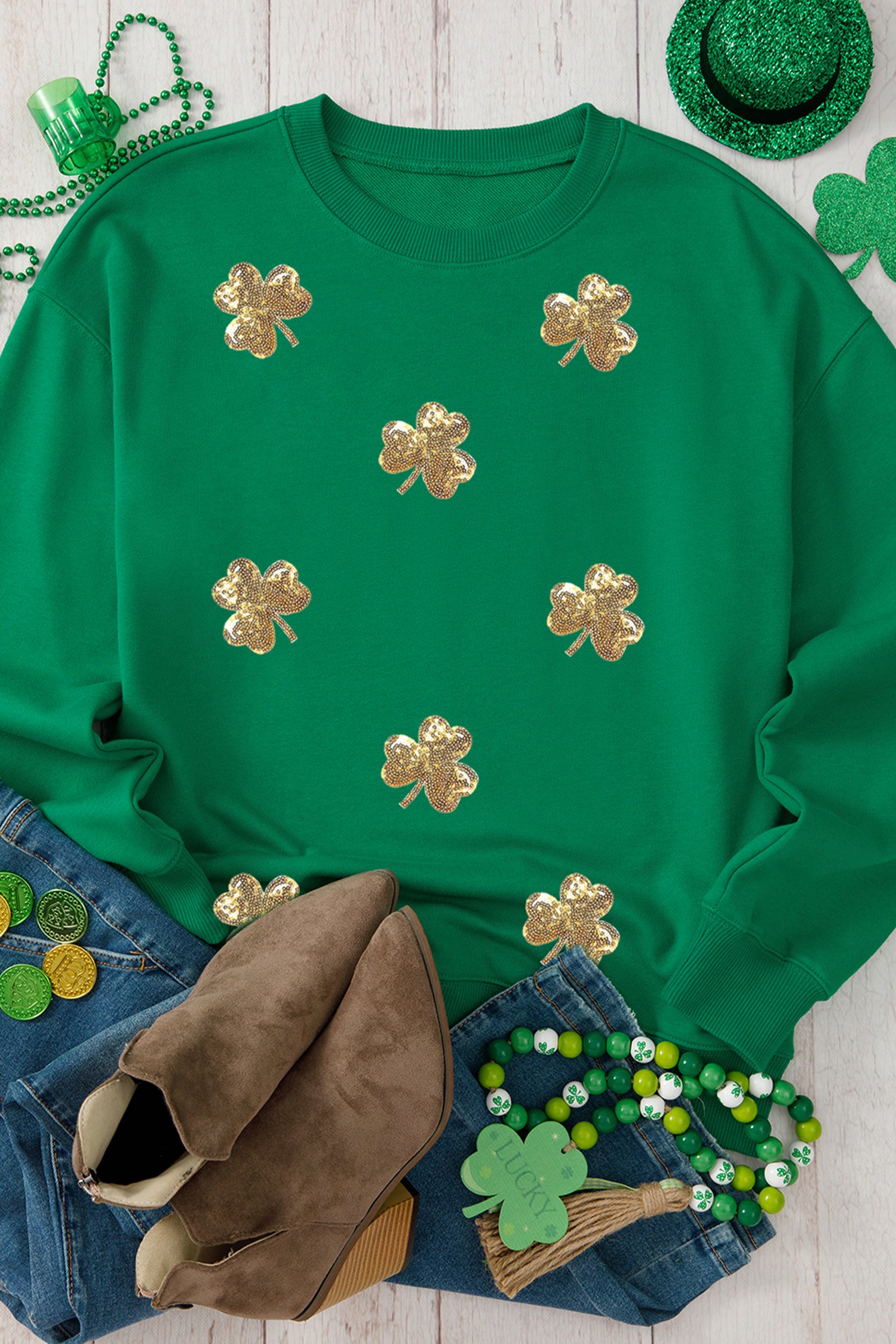 Dark Green Sequin Shamrock Irish Festive Graphic Sweatshirt