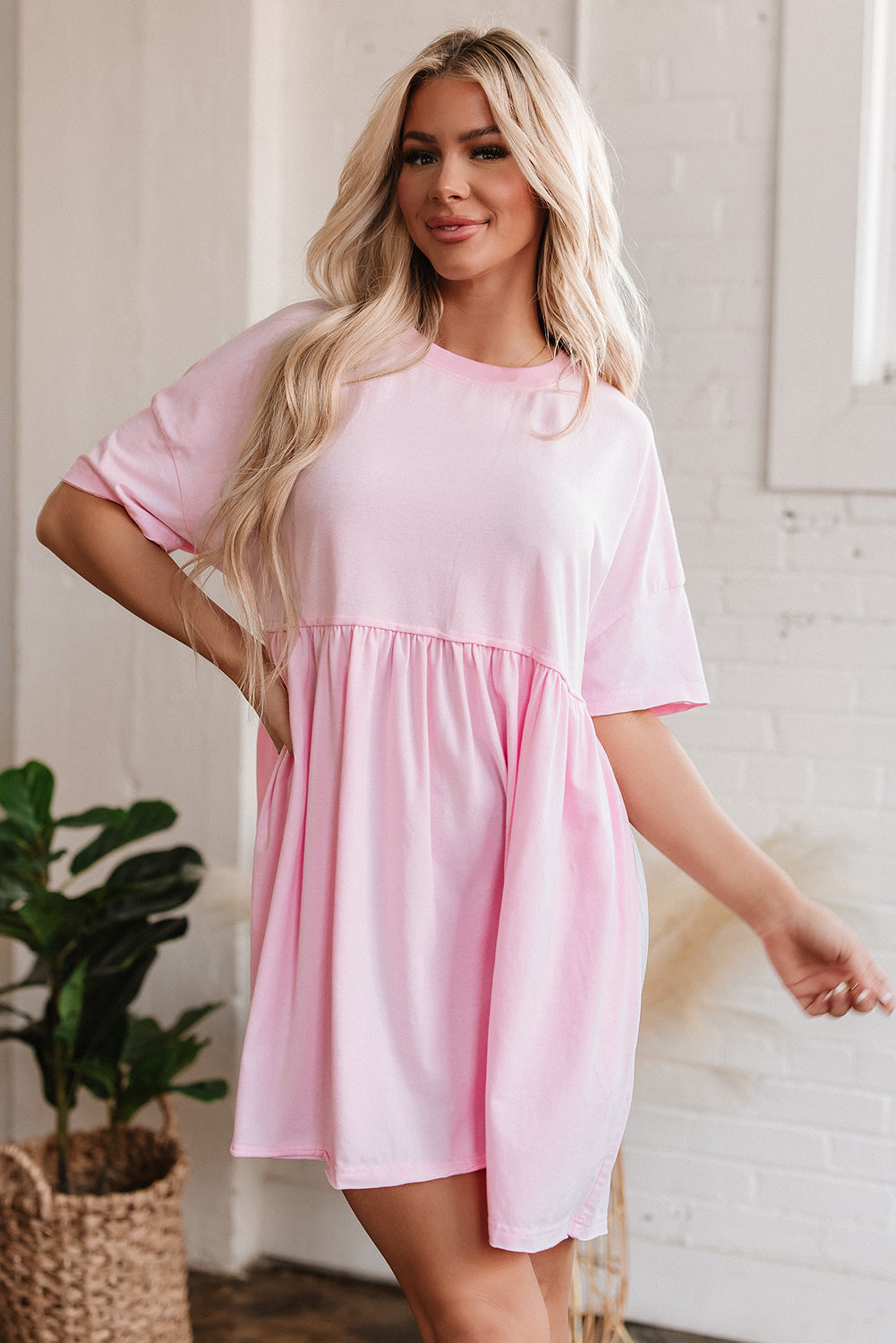 Sky Blue Solid Color Pocketed Raw Edge Babydoll Dress