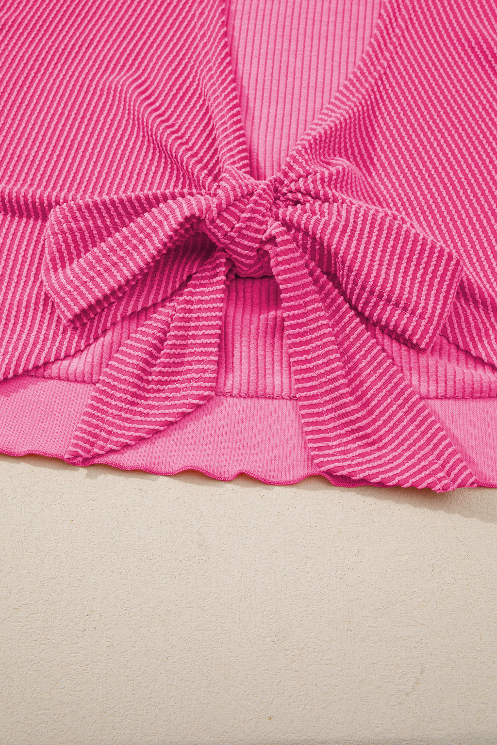 Rose Red Spiral Ribbed Cutout Bow Knot Back Oversize T Shirt