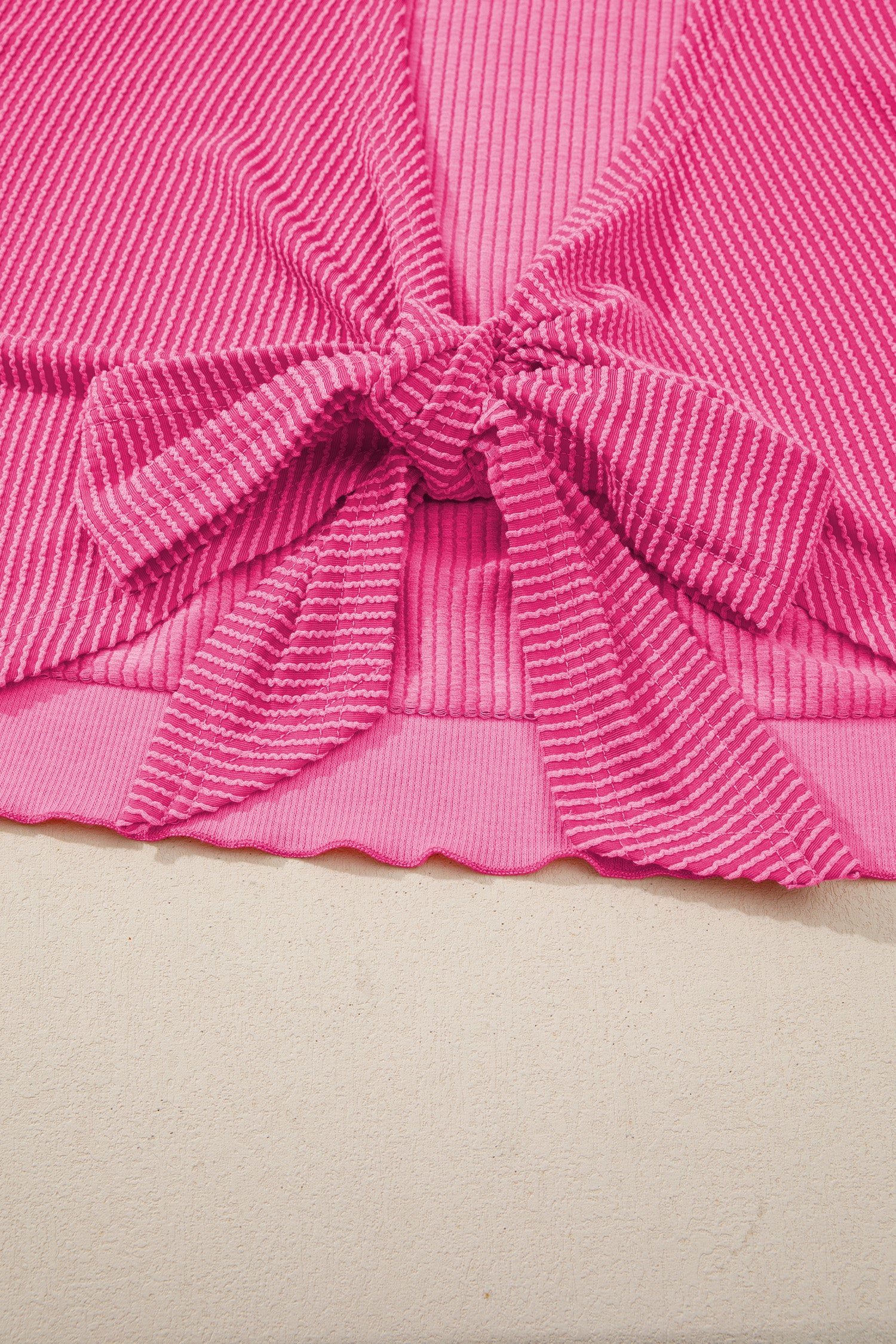 Rose Red Spiral Ribbed Cutout Bow Knot Back Oversize T Shirt