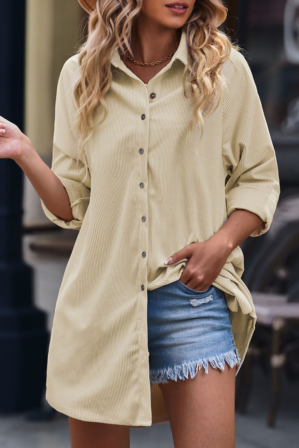 Blue Corduroy Shirt Style Full Button Long Sleeve Shift Mini Dress