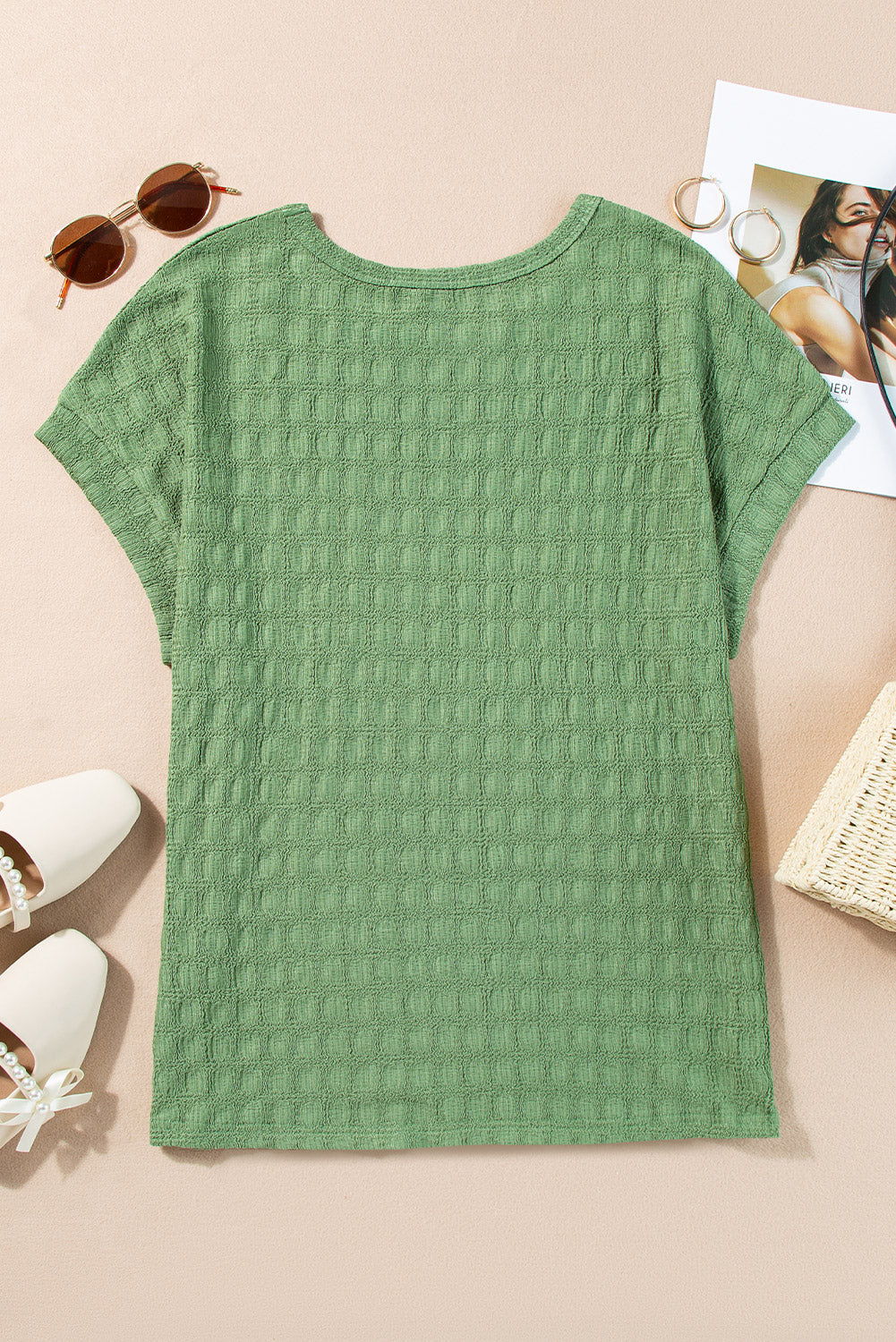 Grass Green Solid Color Textured Batwing Sleeve Tee