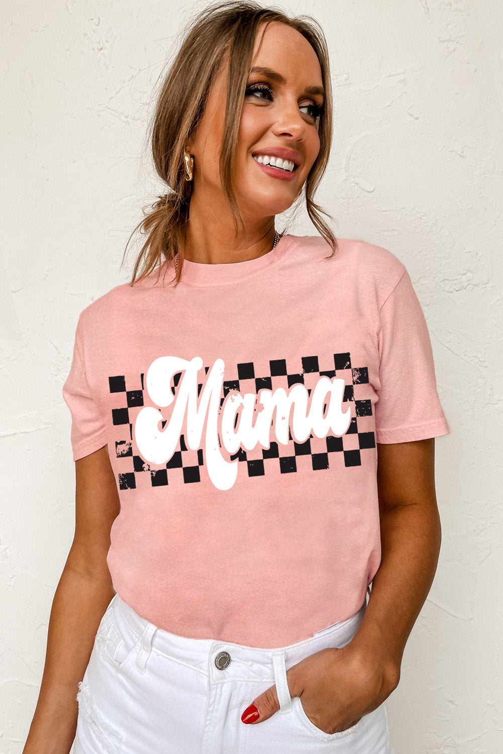 White MAMA Floral Block Graphic Casual T Shirt