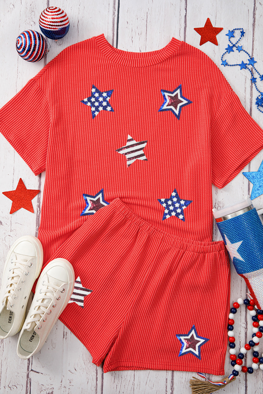 Chestnut Corded Knit Long Sleeve Top and High Waist Shorts Set