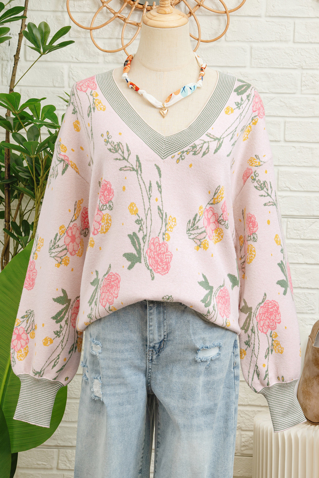 Pink Floral Pattern Striped V Neck Loose Sweater