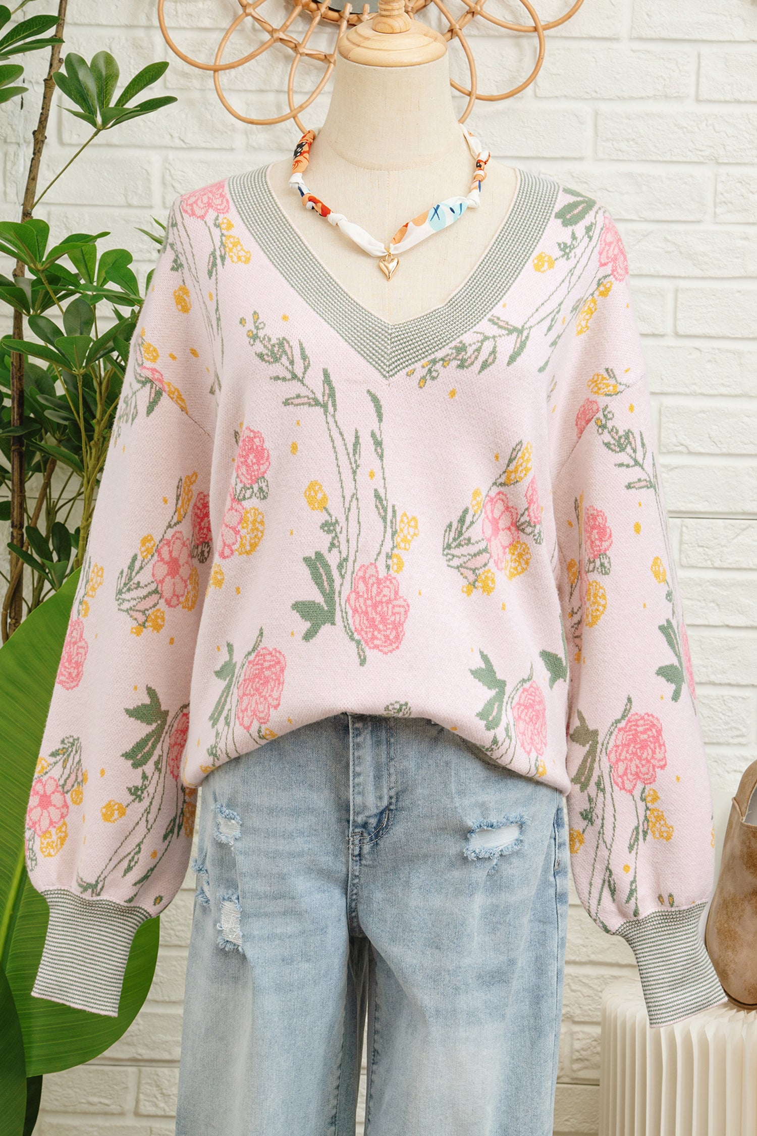 Pink Floral Pattern Striped V Neck Loose Sweater