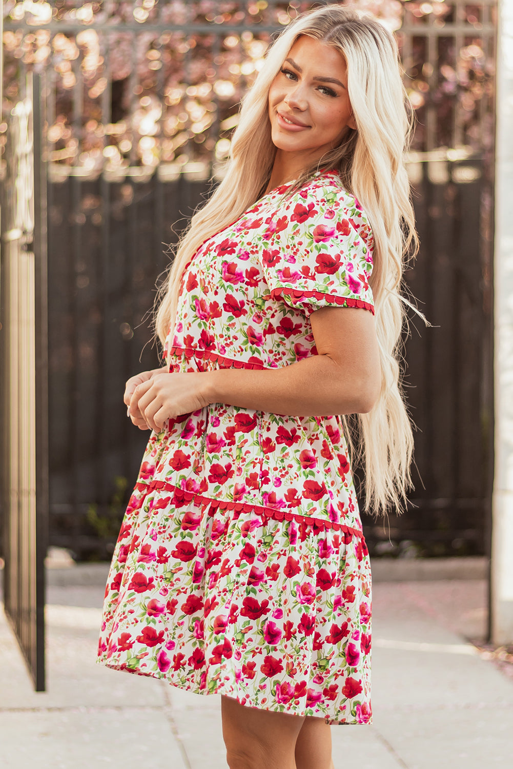 Red Floral Print Striped Patchwork Collared Short Sleeve Blouse