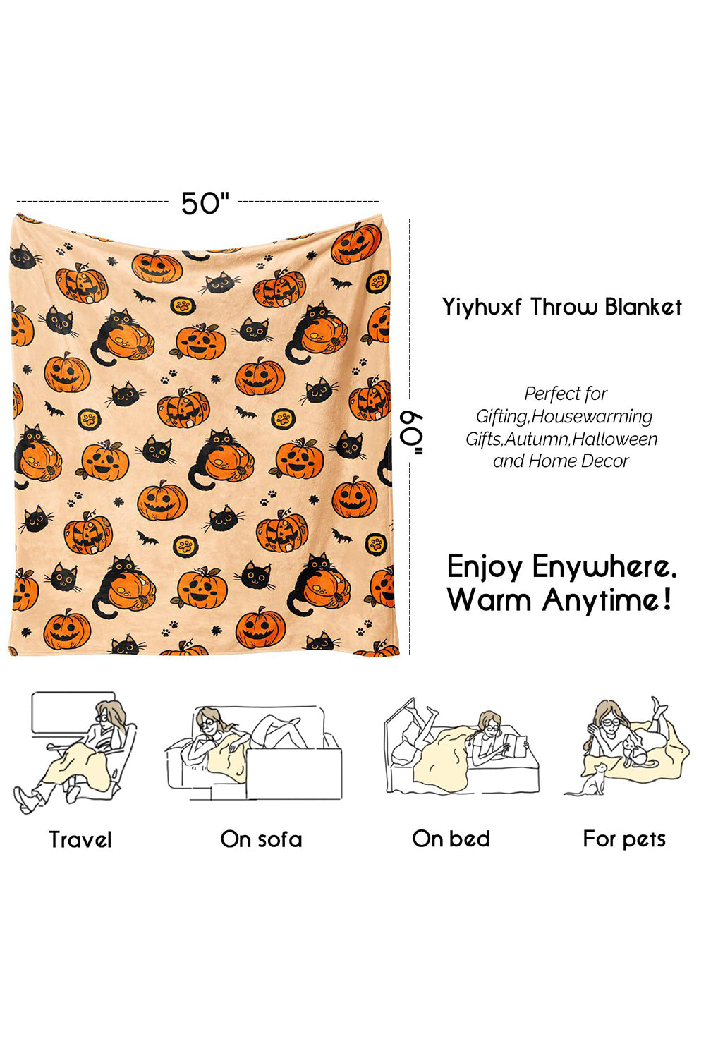 Russet Orange Halloween Pumpkin Cat Printed Fleece Blanket