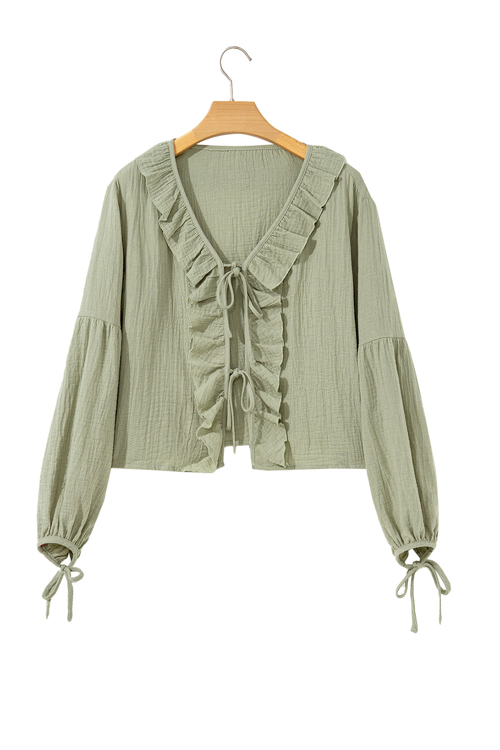 Meadow Mist Green Bow Tie Front Ruffle Trim V Neck Long Sleeve Gauze Blouse