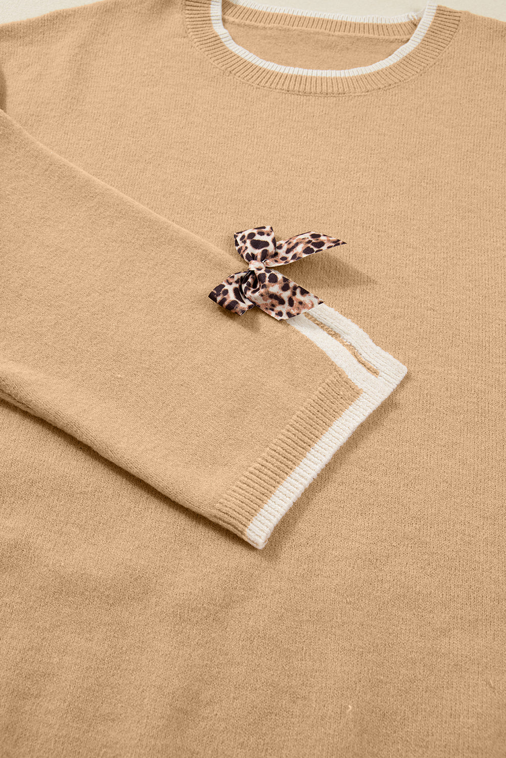 Tan Leopard Bow Decor Split Cuff Contrast Trim Sweater