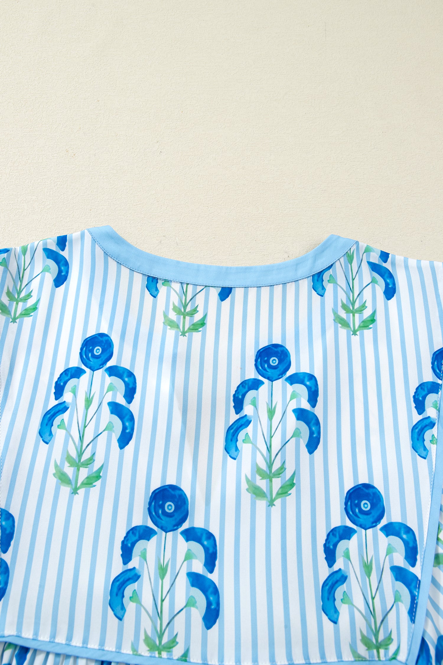 Sky Blue Floral Striped Bubble Short Sleeve Plus Size Dress