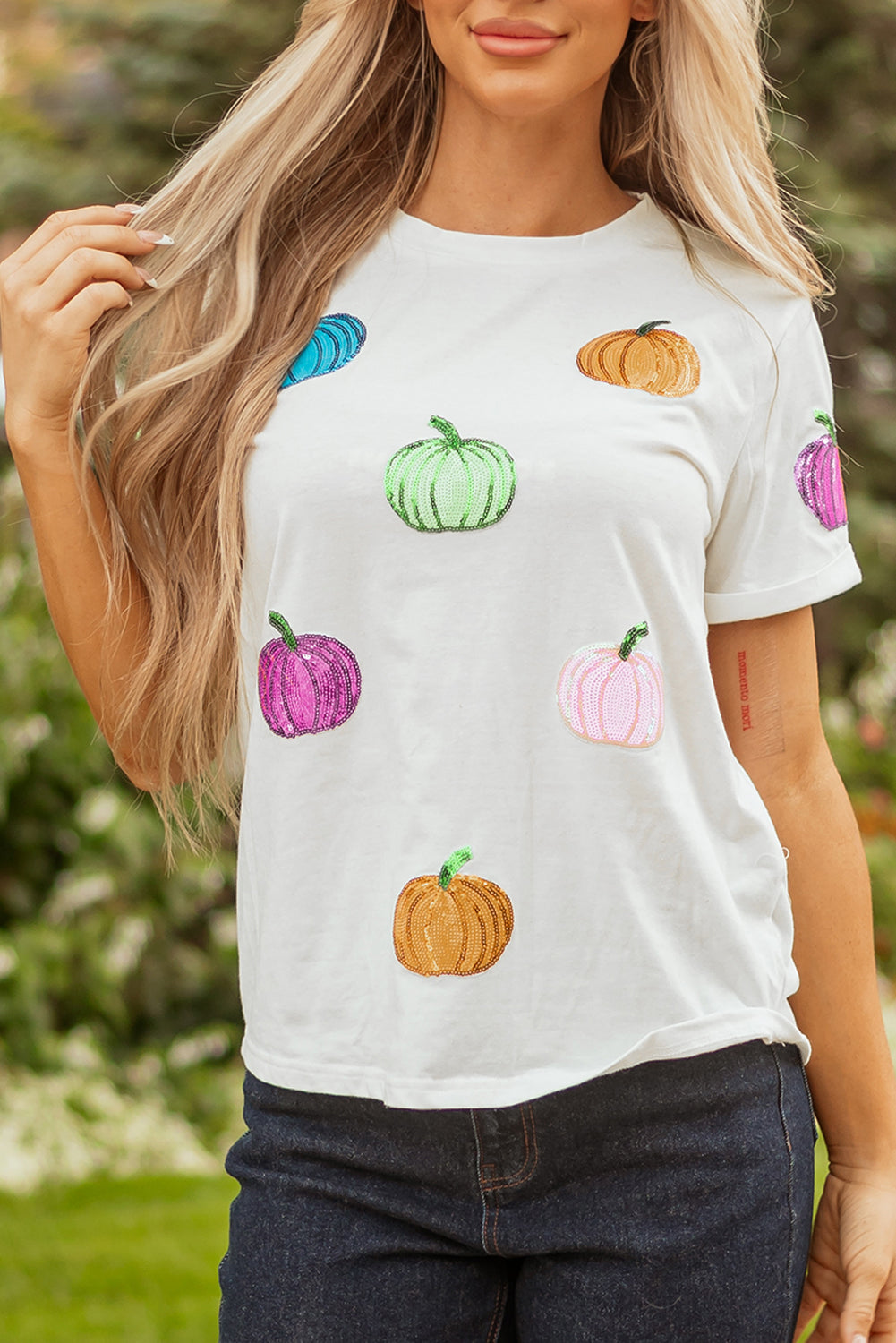White Colorful Pumpkin Sequin Patched Drop Shoulder Sweatshirt