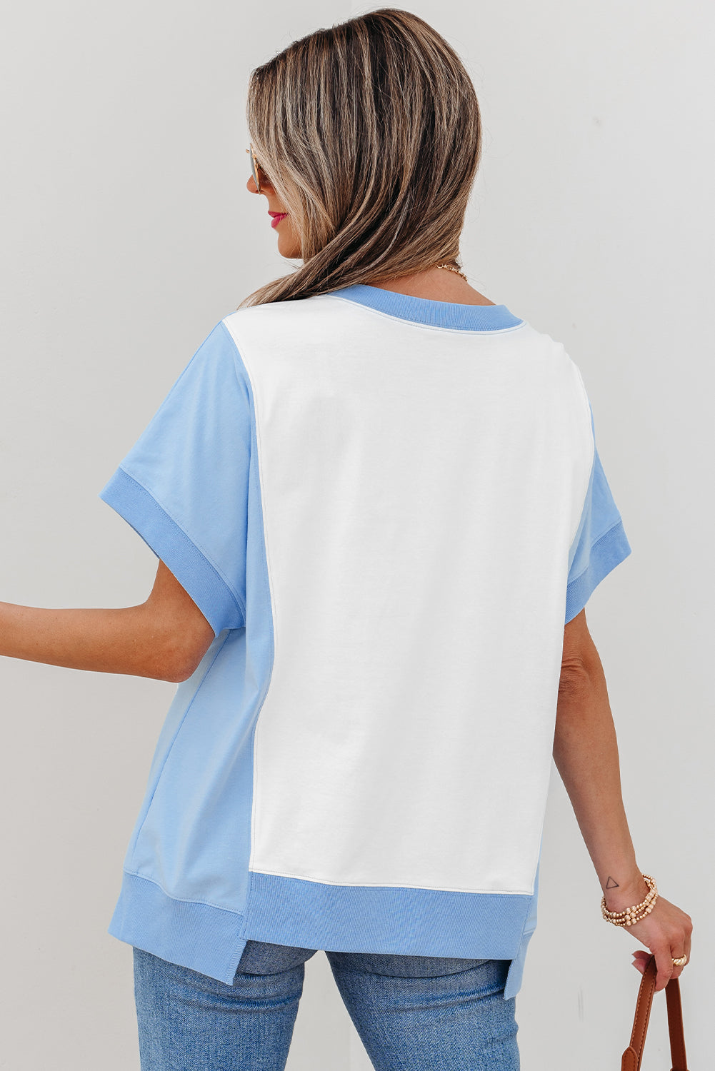 Sky Blue Patriotic Star Patched Colorblock T Shirt