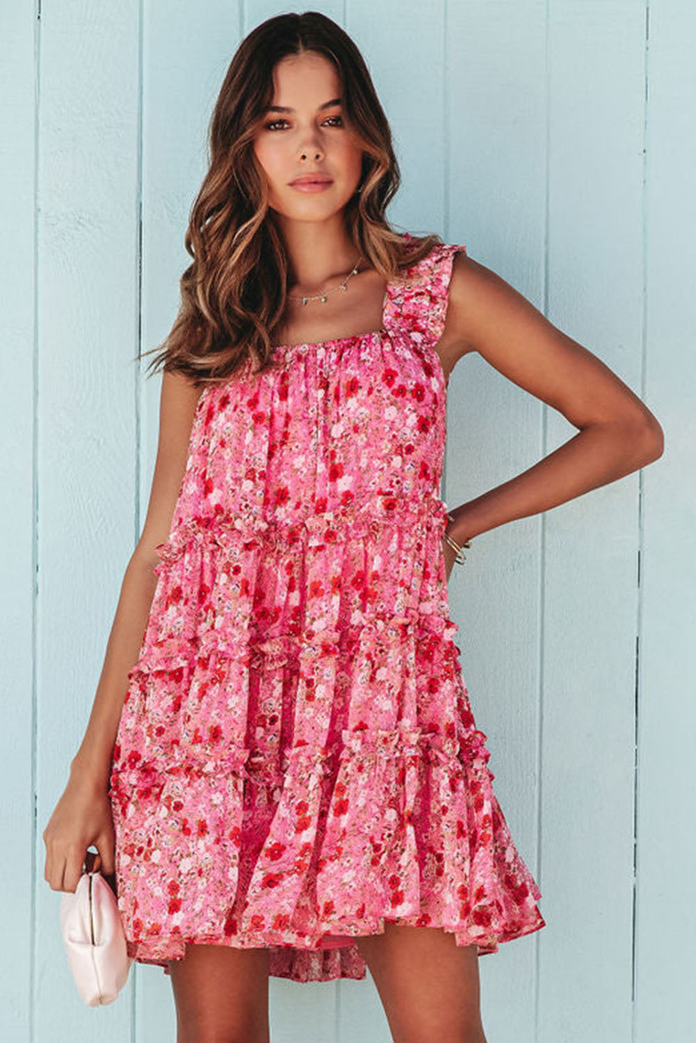 Fiery Red Tiered Ruffled Square Neck Sleeveless Floral Mini Dress