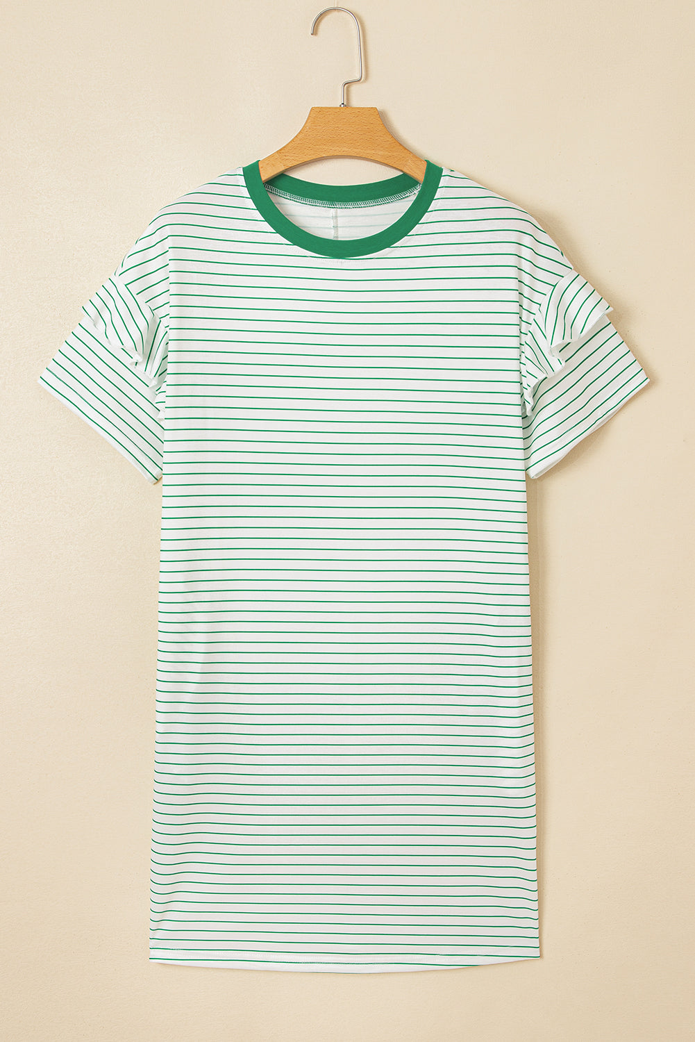 Black Stripe Ruffled Short Sleeve Crew Neck T Shirt Shift Mini Dress
